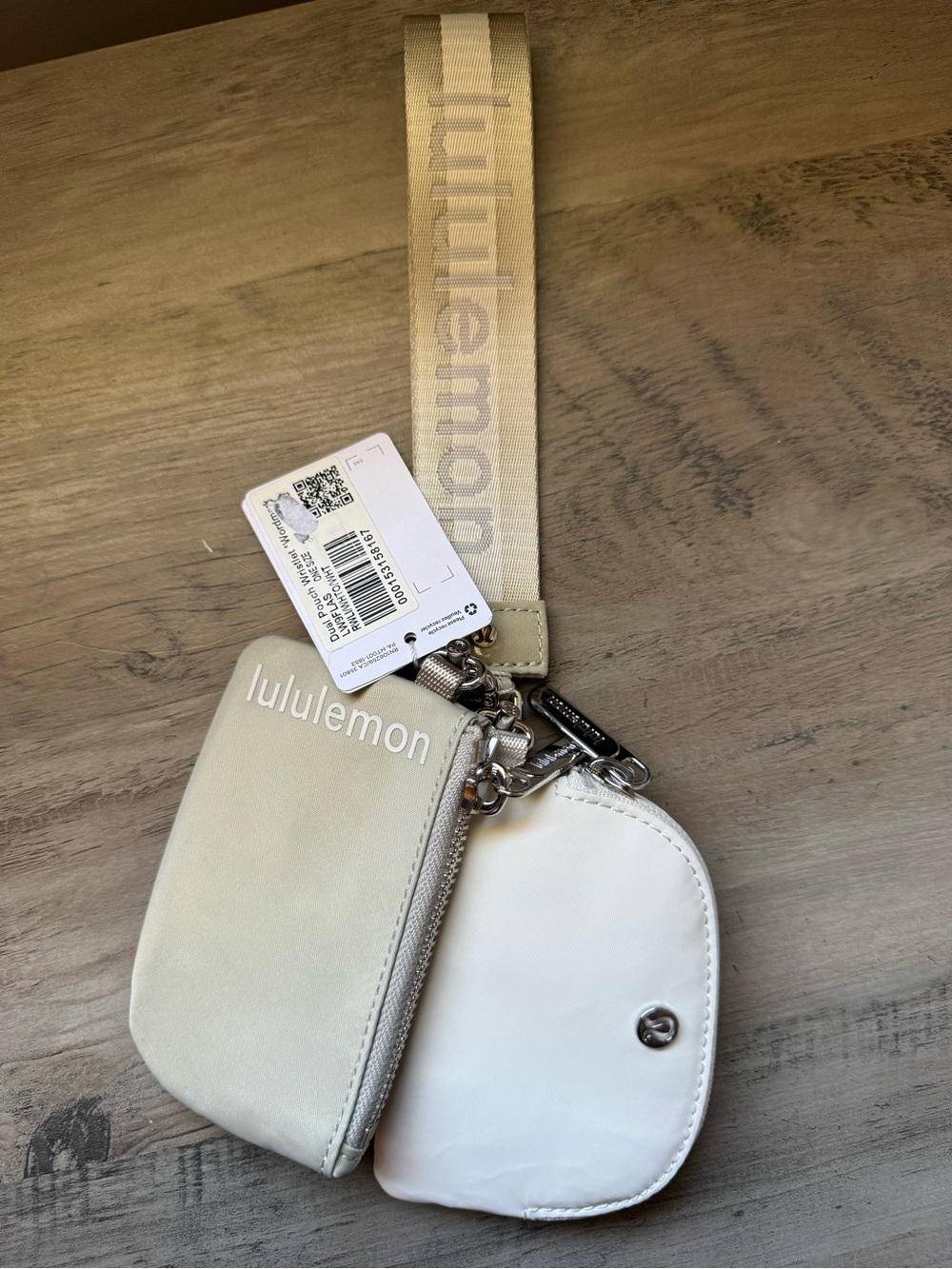 Lululemon Dual Pouch Wristlet Wordmark Raw Linen/White Opal/White